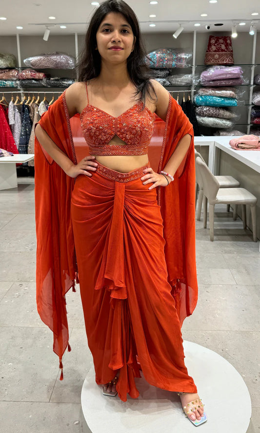 Fiery Orange Designer 3 piece Indo western long dress, coat ,crop top, skirt