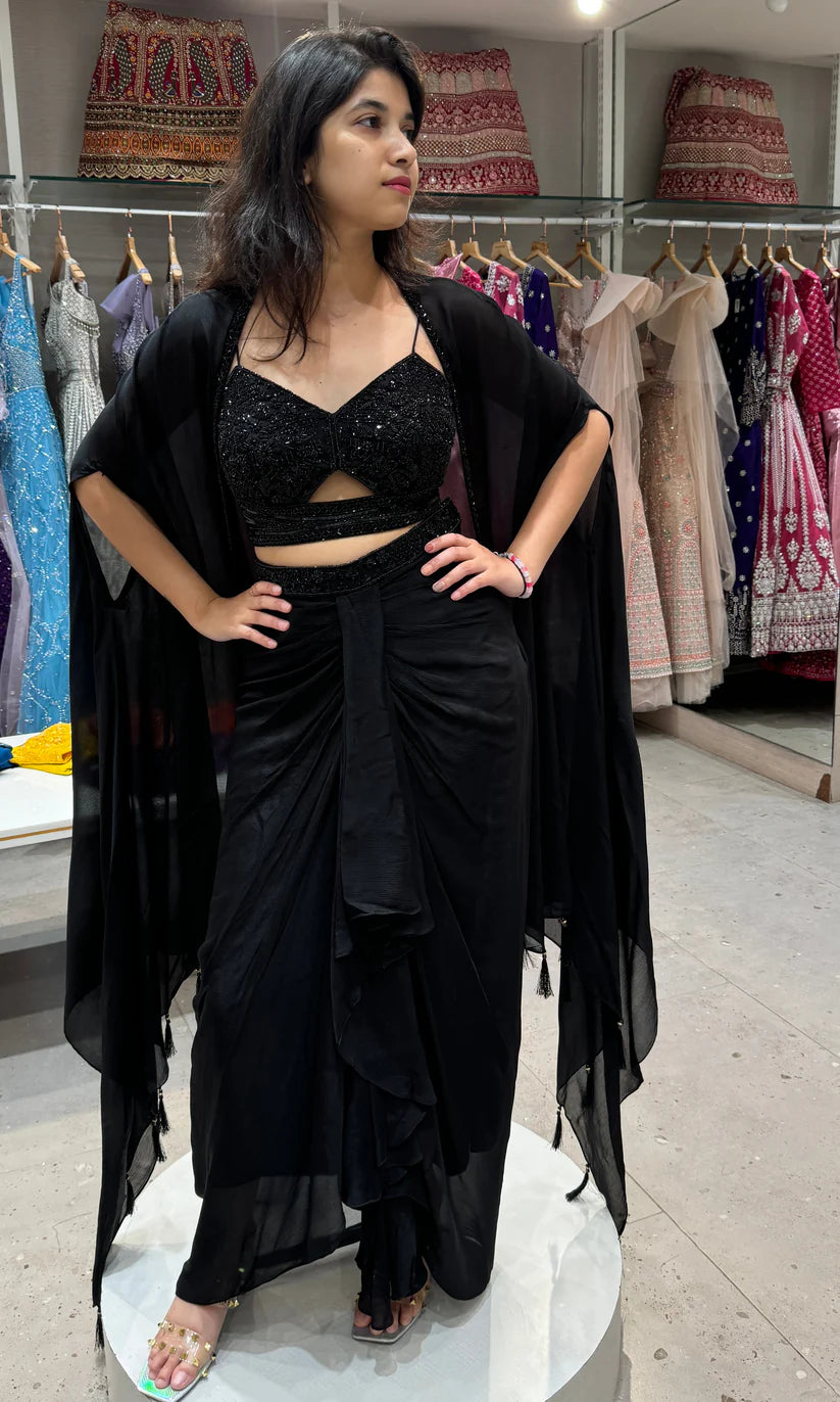 Glamorous Rust Black Designer 3 piece Indo western long dress, coat ,crop top, skirt