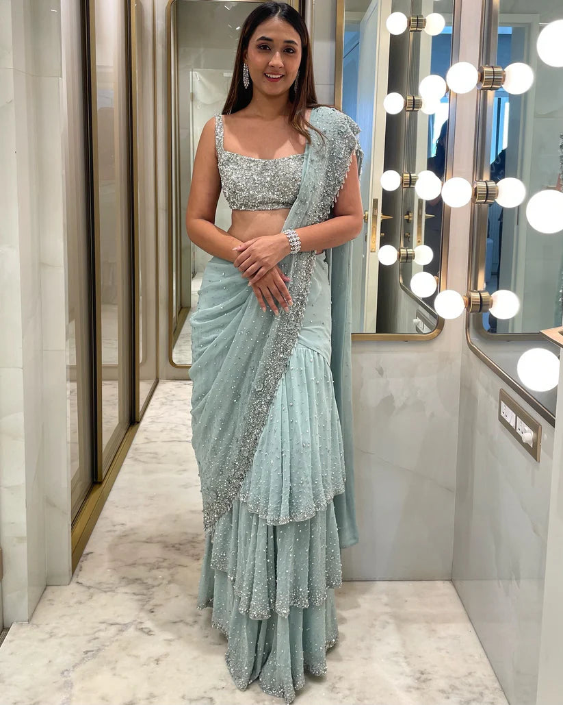 Noor Sky  Ruffle Saree Tradition with Organza Flowers & Aari Work