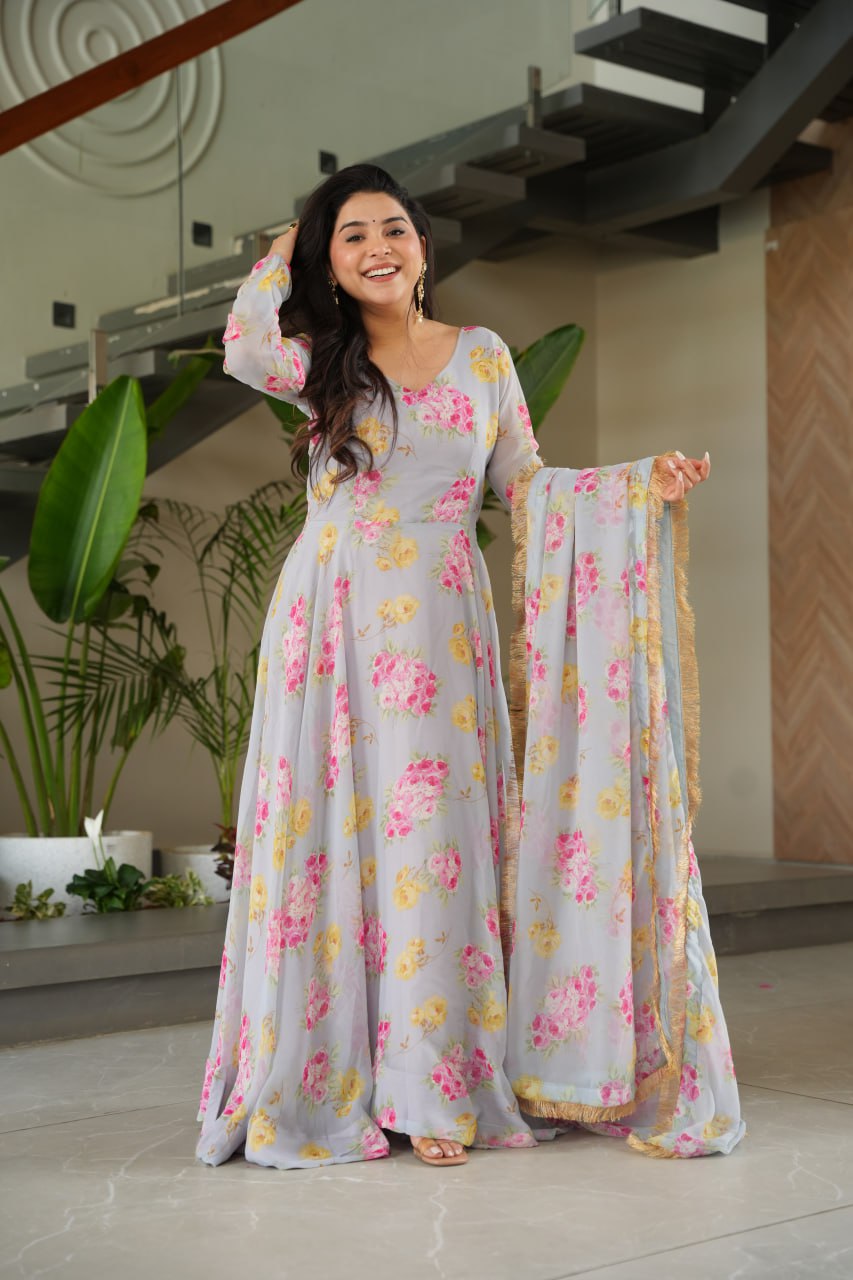 Charli Rich Flower Digital Print work Designer Gown
