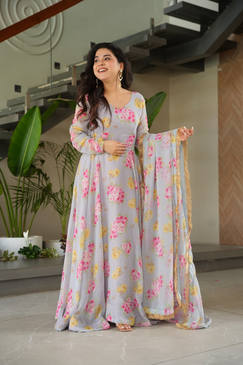 Charli Rich Flower Digital Print work Designer Gown