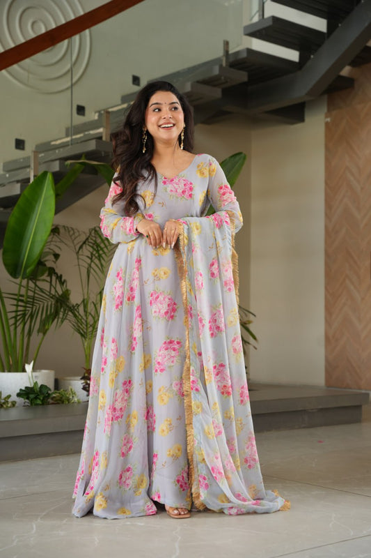 Charli  Rich Flower Digital Print work Designer Gown