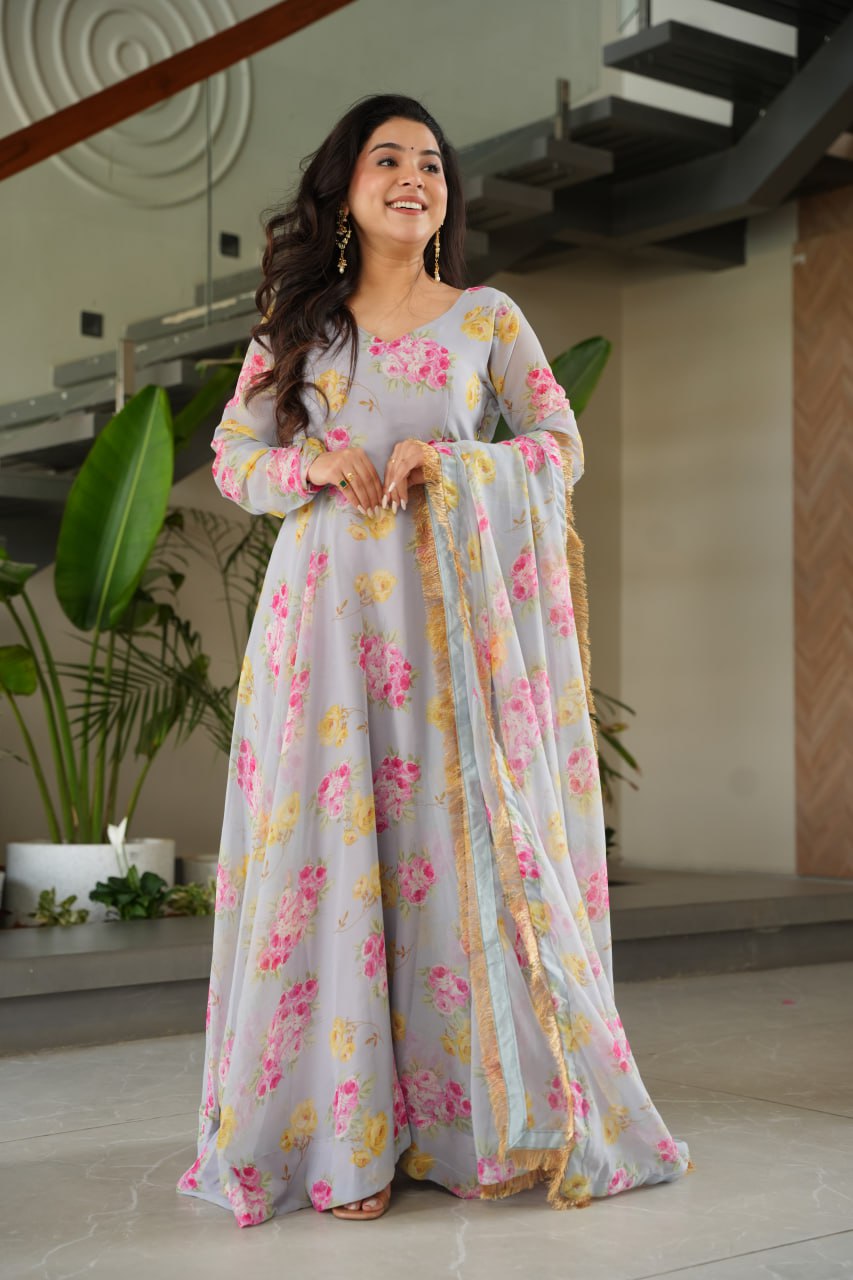 Charli Rich Flower Digital Print work Designer Gown