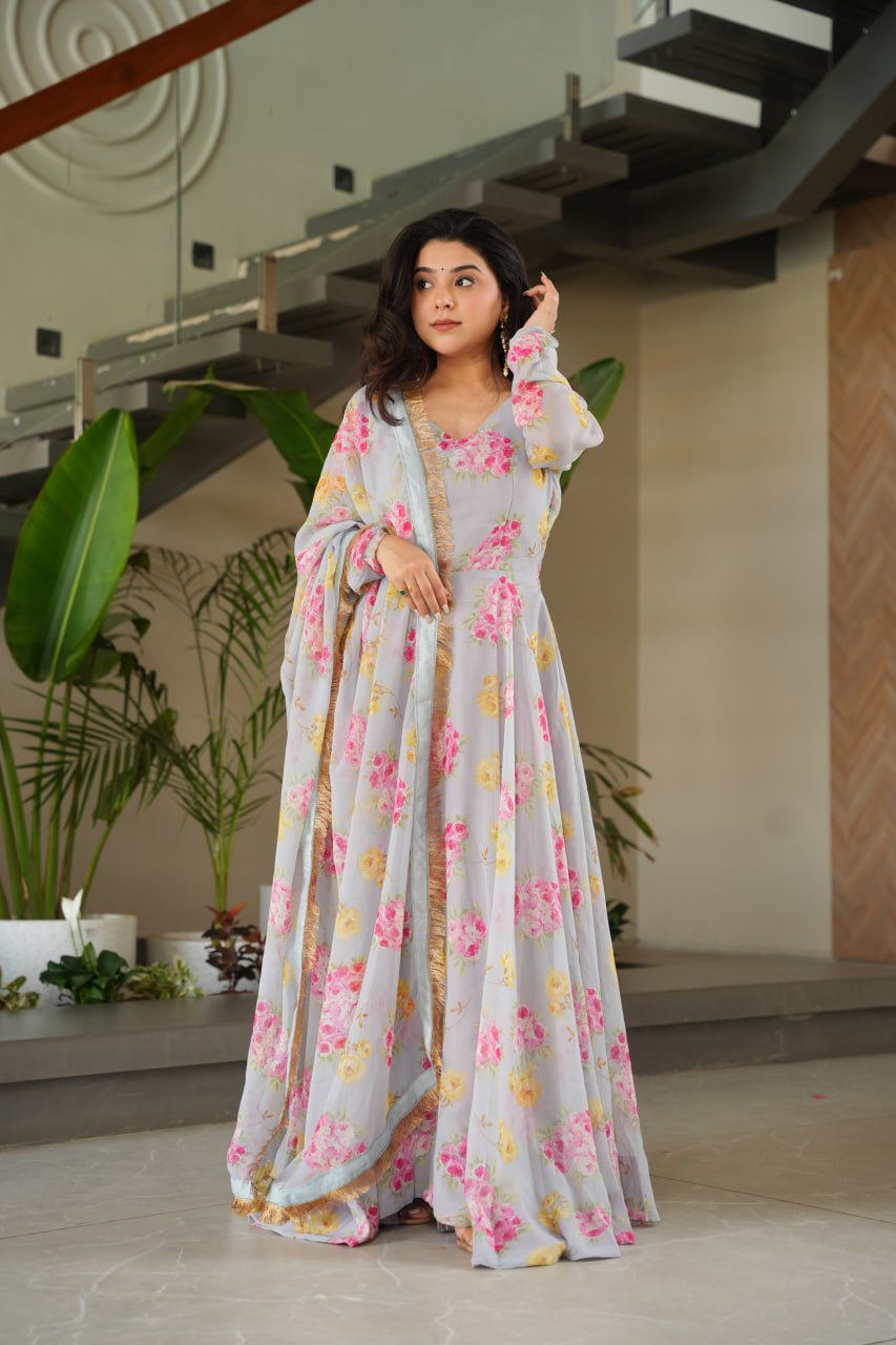 Charli Rich Flower Digital Print work Designer Gown