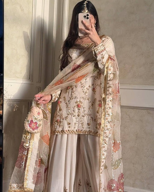 Sitara  Pastel Thread Embroidery & Pearl Work with Organza Dupatta Suit