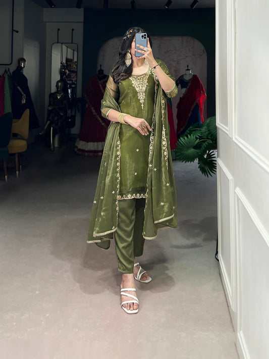 Aleeza Olive Sheer Charm Ethnic Wear Suit Set