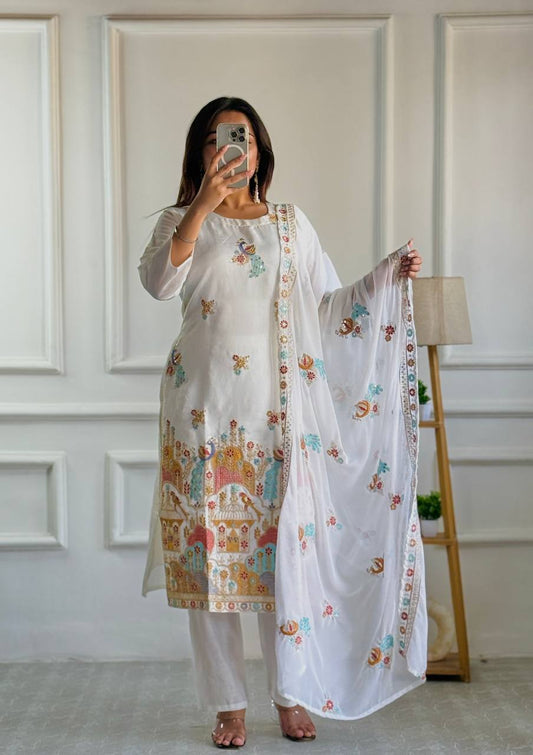 Whisper White Roman Silk With Havy Embroidery Dress