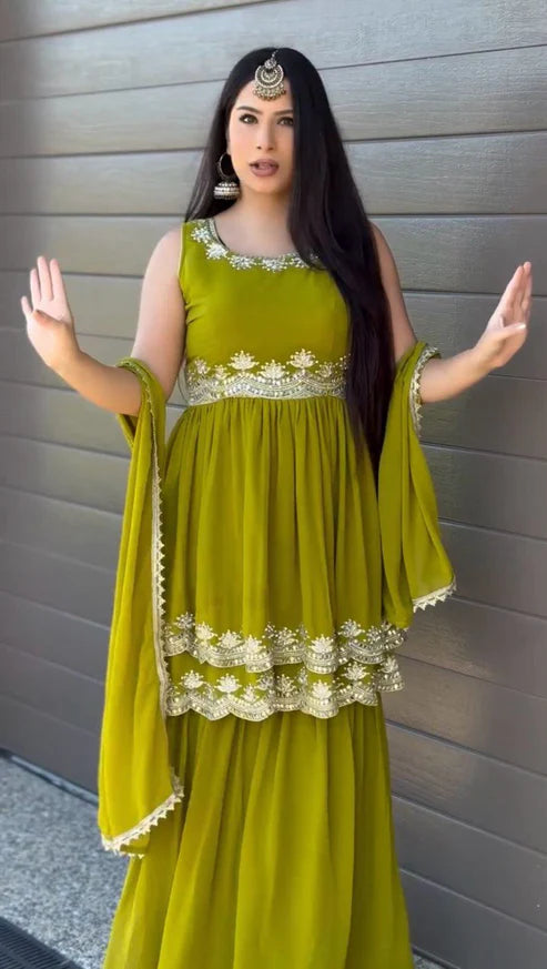 Tropical Green Foux Gorgette Sharara Set