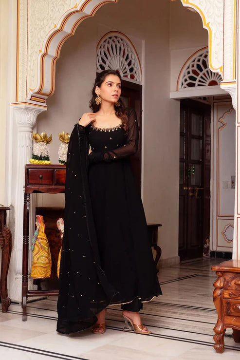 Kaelani Black : Foux Gorgette Anarkali Suit