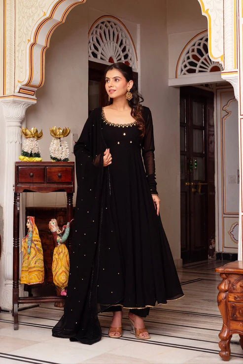 Kaelani Black : Foux Gorgette Anarkali Suit