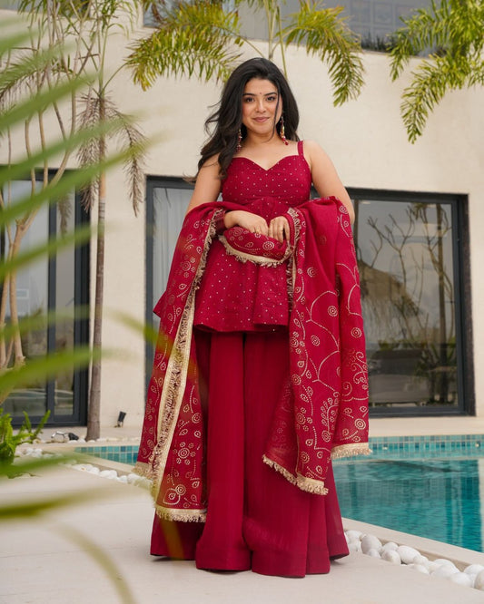 Khanak Maroon  Tabby Organza   Palazzo Suit Set
