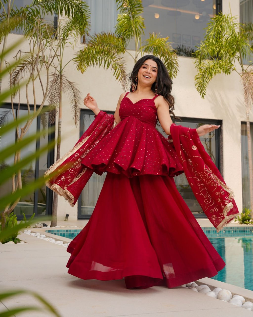 Khanak Maroon Tabby Organza Palazzo Suit Set