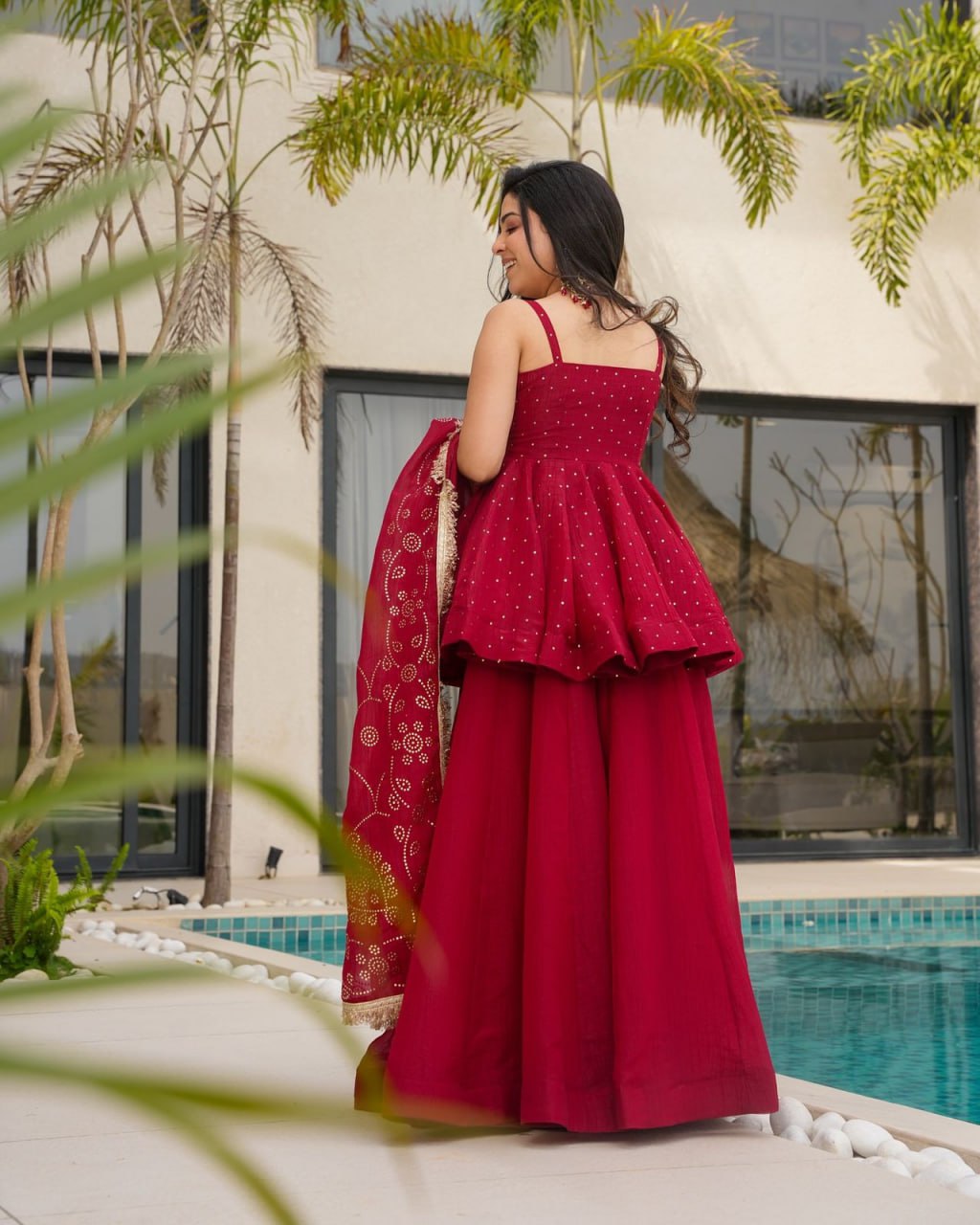 Khanak Maroon Tabby Organza Palazzo Suit Set