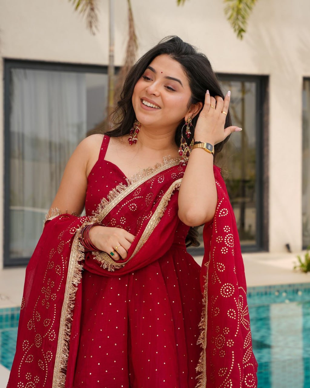 Khanak Maroon Tabby Organza Palazzo Suit Set