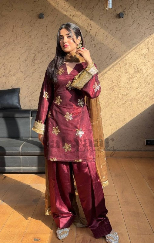 Ruhani Royal Maroon Silk Draped in Gold Dust Elegance Suit