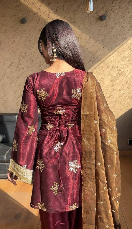 Ruhani Royal Maroon Silk Draped in Gold Dust Elegance Suit