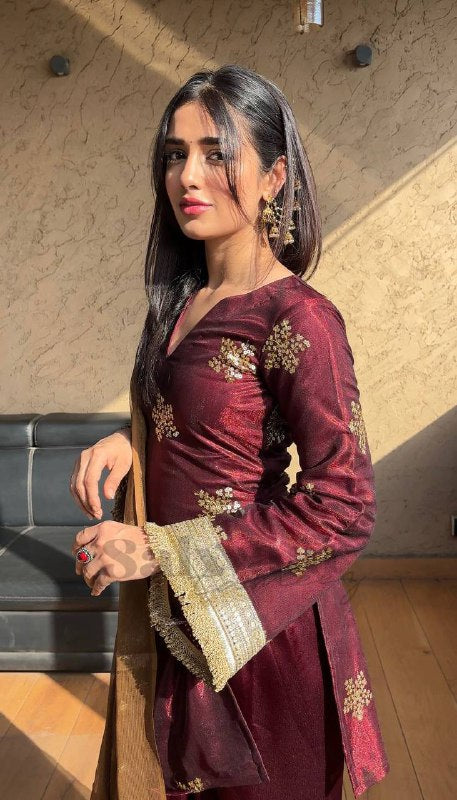 Ruhani Royal Maroon Silk Draped in Gold Dust Elegance Suit