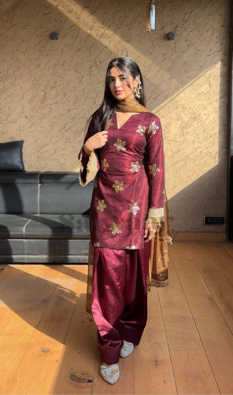 Ruhani Royal Maroon Silk Draped in Gold Dust Elegance Suit