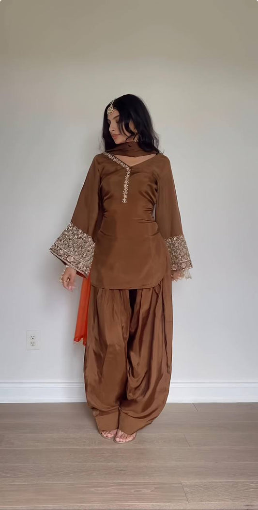 Zafraan Veil  Natural satin Silk Top Bottom With Dupatta Set