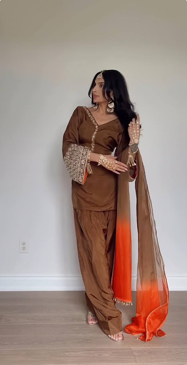 Zafraan Veil Natural satin Silk Top Bottom With Dupatta Set