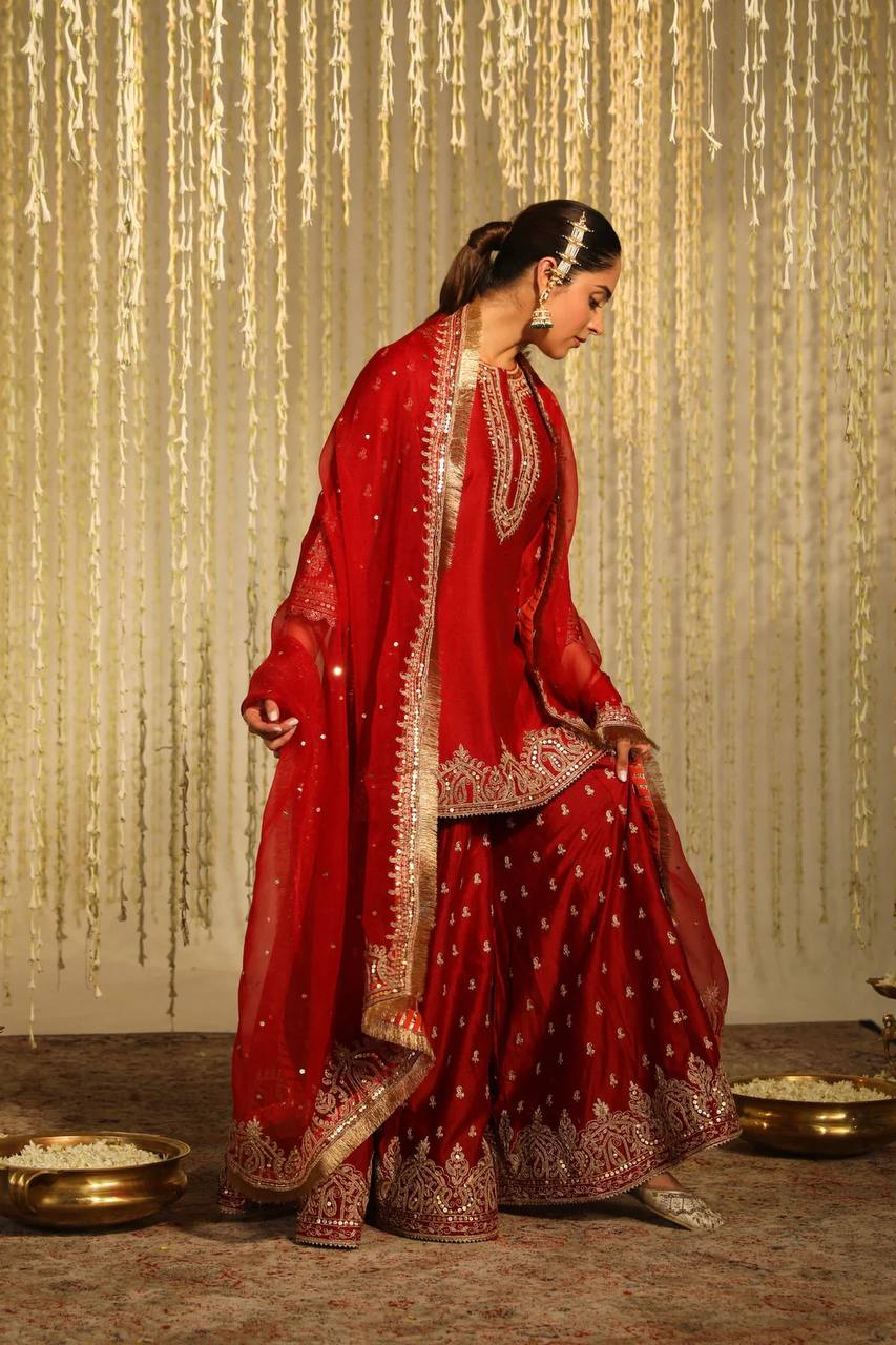 Falak Embrace Blooming in Red Tradition Top Plazzo Set