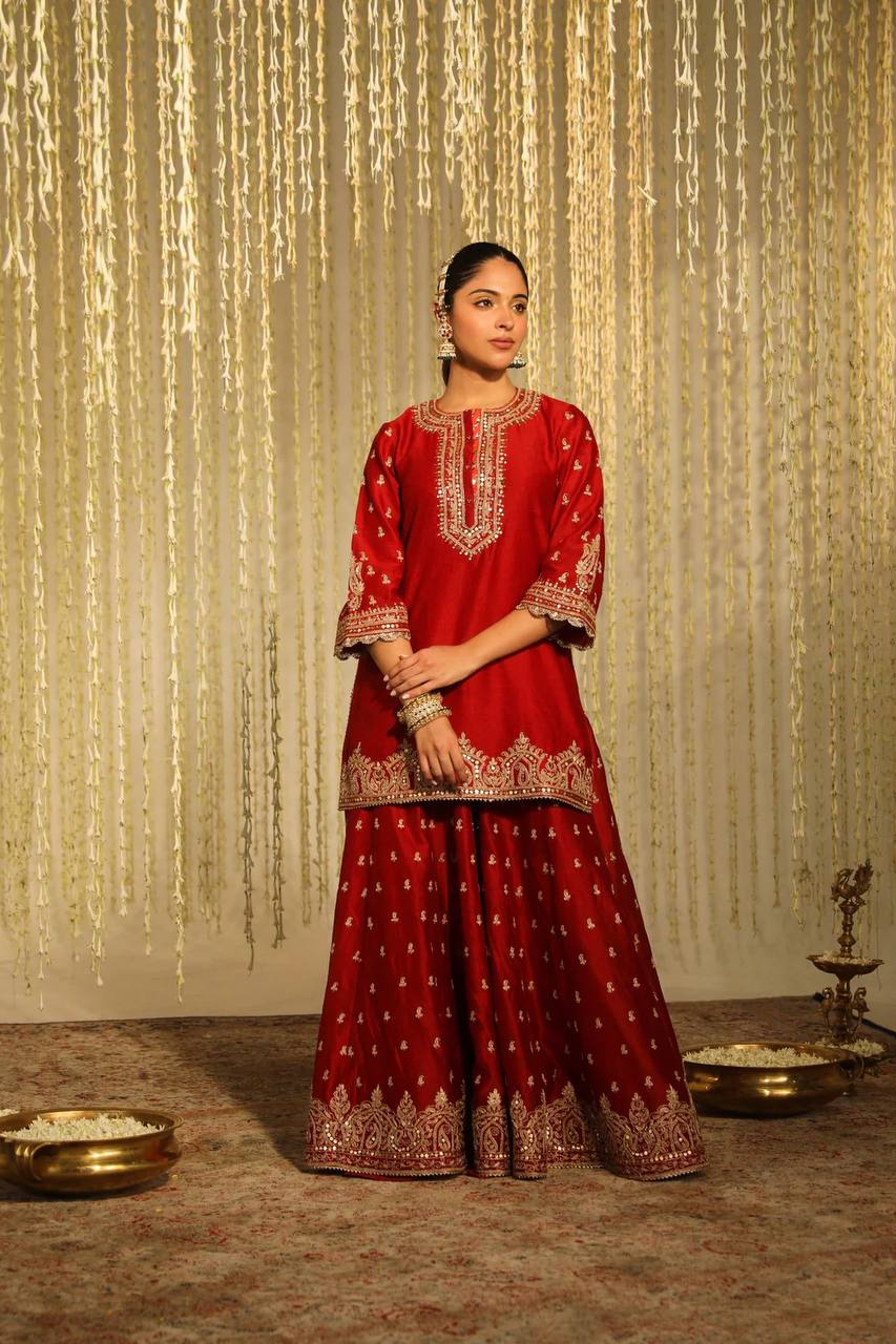 Falak Embrace Blooming in Red Tradition Top Plazzo Set