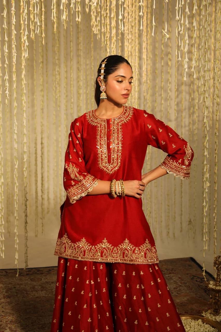 Falak Embrace Blooming in Red Tradition Top Plazzo Set
