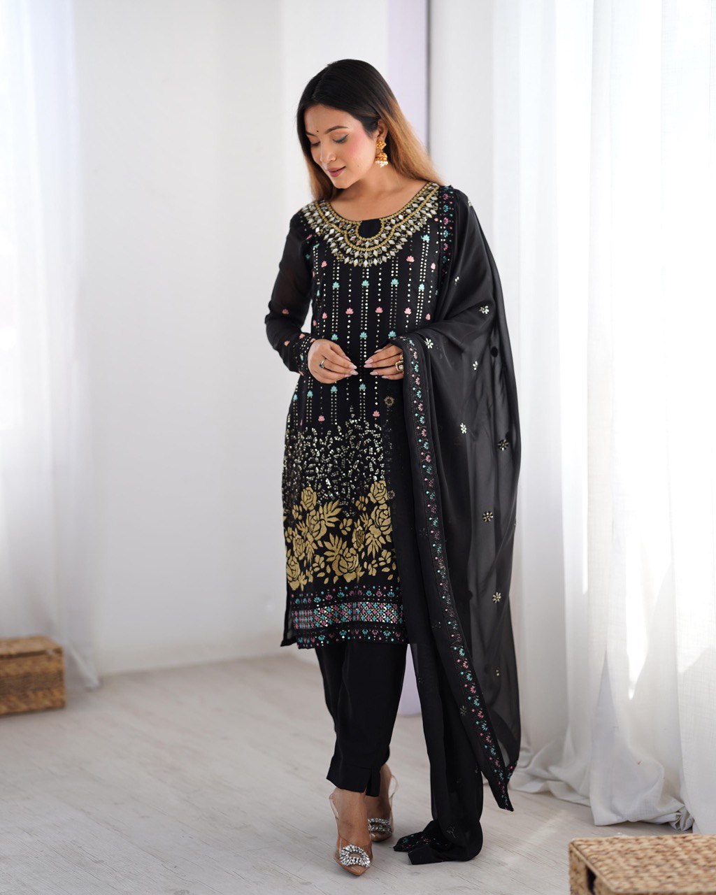 Sitara Classic Embroidered Suit – Black & Blue Variants