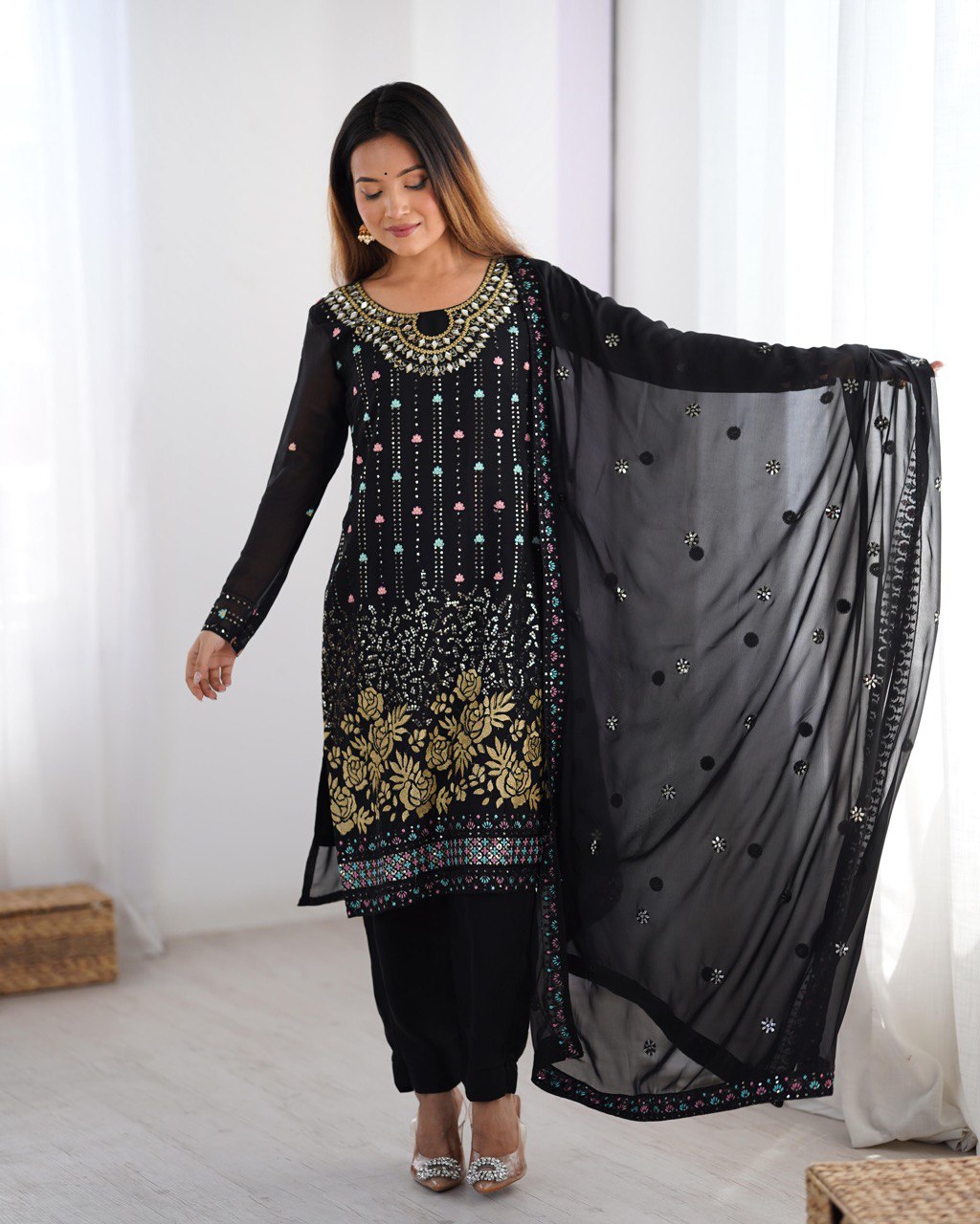 Sitara Classic Embroidered Suit – Black & Blue Variants