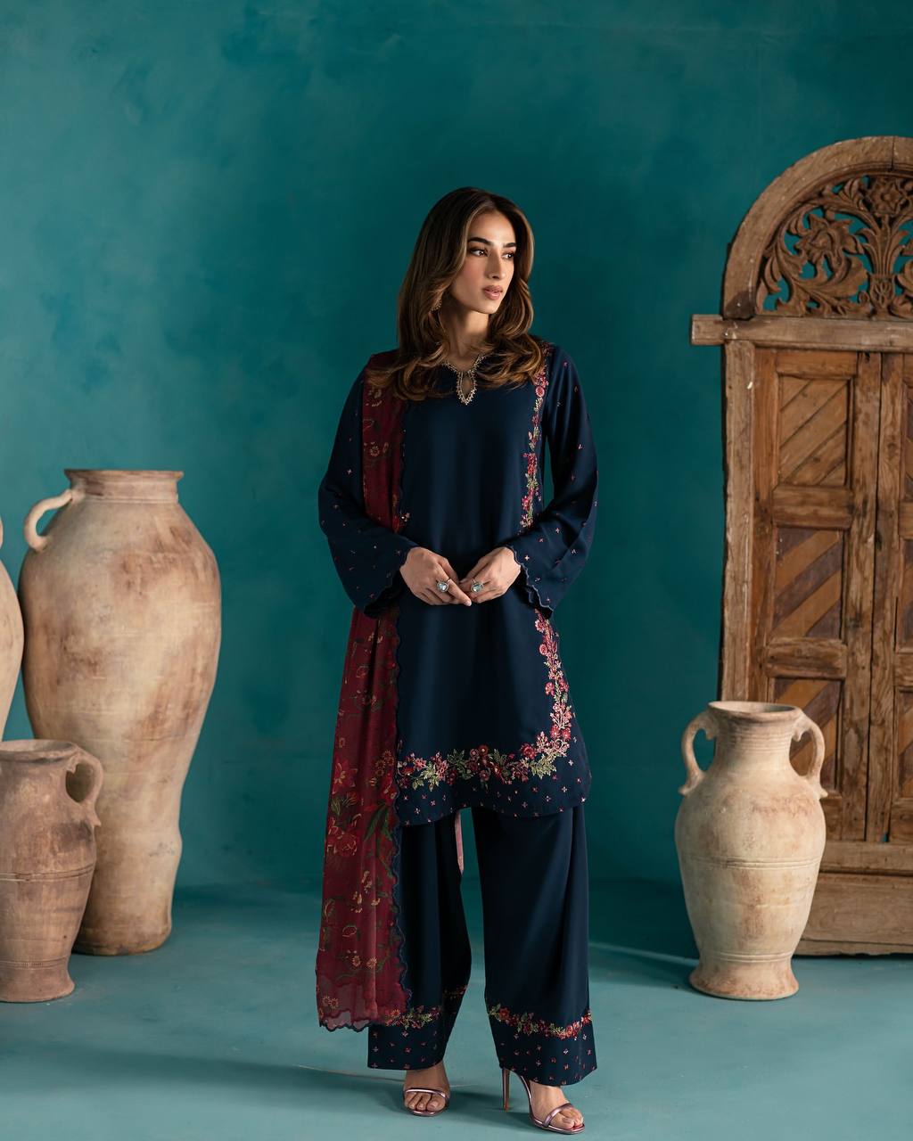 Ruhani in Royal Rustle Dusk Blue Natural Crep Silk Suit Set