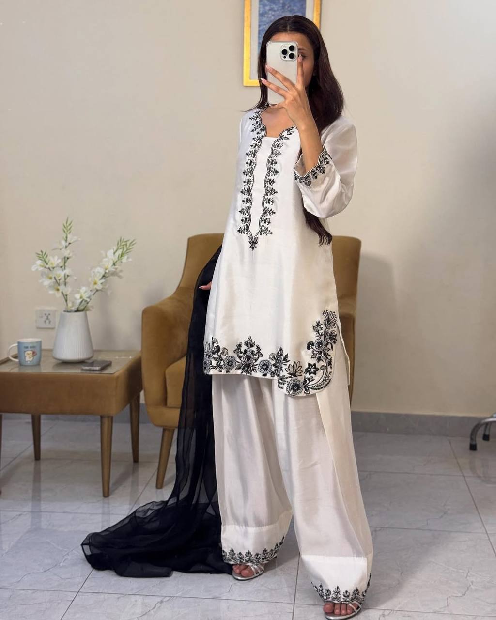 Reyana Designer Party Wear Natural Crepe White Farshi set