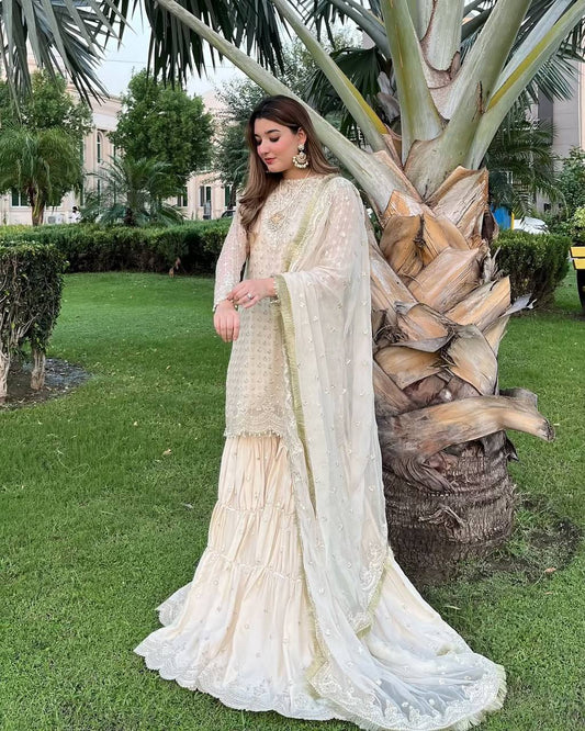 Haniya's Classic Drape Traditional Ivory Glamour Sharara Set