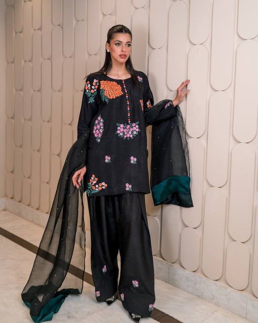 Yuvika Blossom Embroidery & Flowy Grace Designer Black Kurta Set