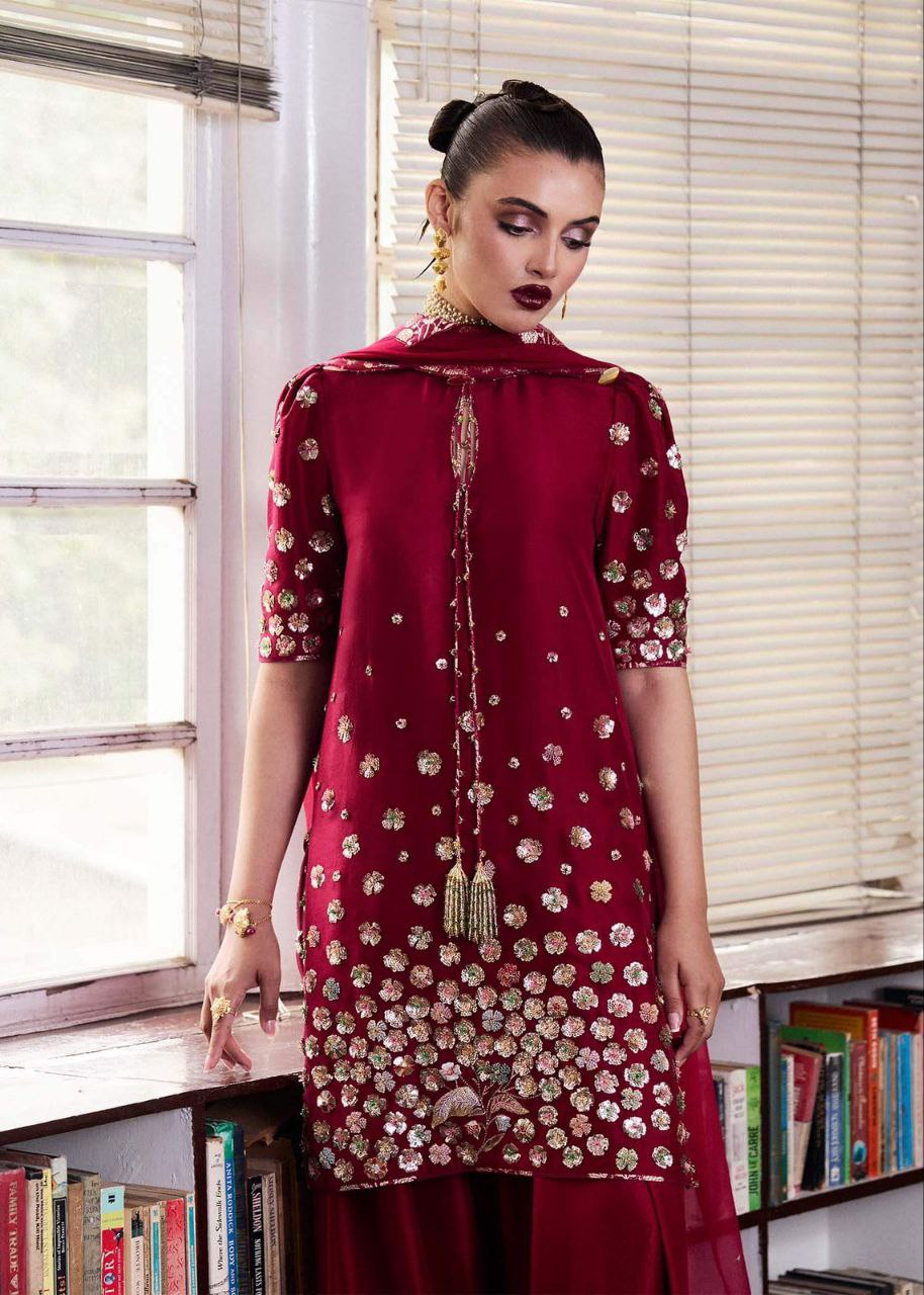 Falaknaz Glow Roman Silk beautifully Palazzo Sut Set