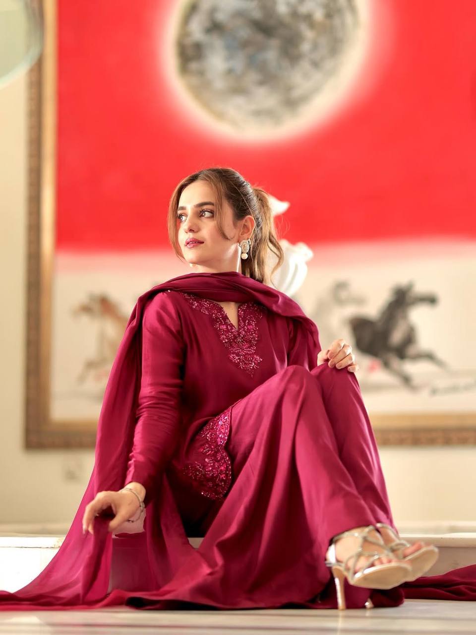 Zahira in Maroon Havy Franch Crep Pretty Suit Set