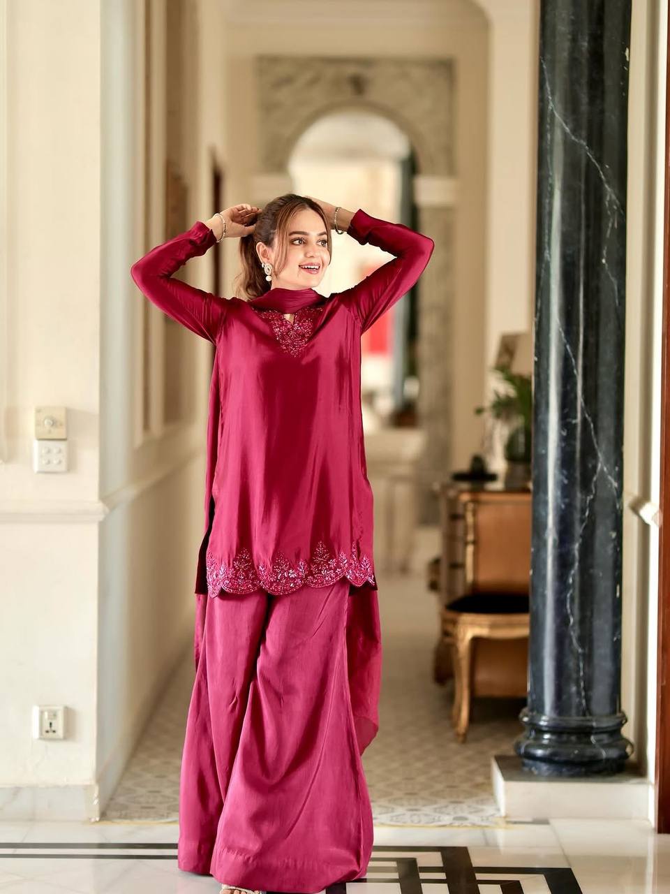 Zahira in Maroon Havy Franch Crep Pretty Suit Set