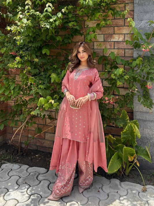 Riyaana Blush Pink Chinnon Silk And Multi Needle Farshi salwar