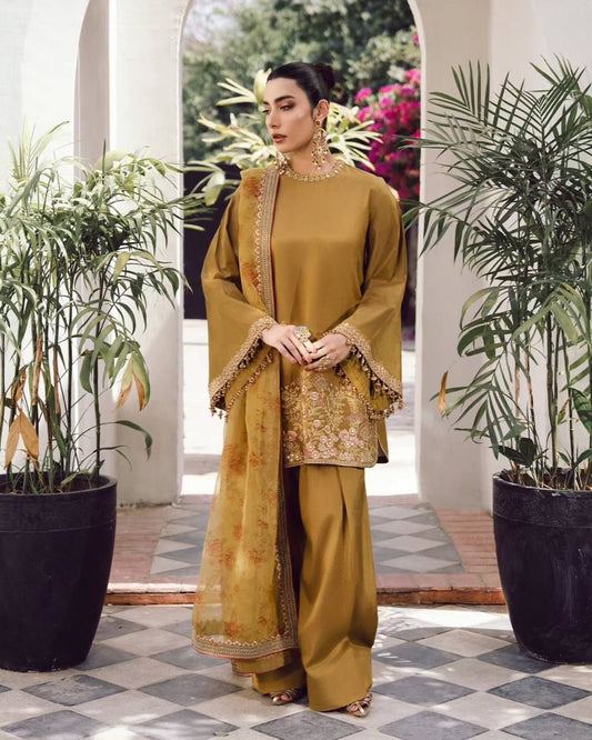 Pihu Bloom Mustard French Crep Silk Farshi Palazzo