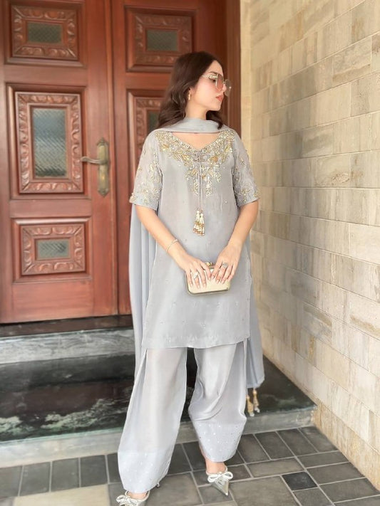 Grey Grace Ensemble Natural Crepe Designer Farshi Palazzo Set