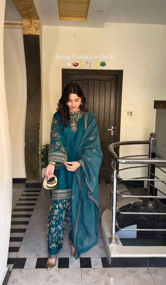 Phulkari Elegance Teal Green Embroidered Punjabi Suit Set