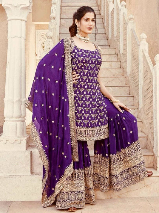 Rani Noor Royal Purple Embroidered Sharara Ensemble