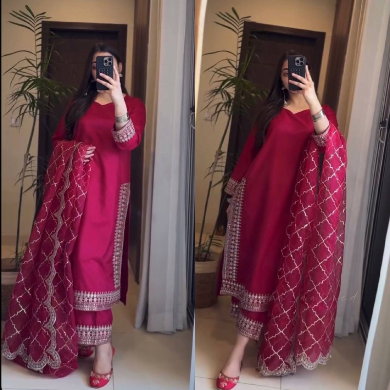 Meher Scarlet Shine Classic Handwork Suit