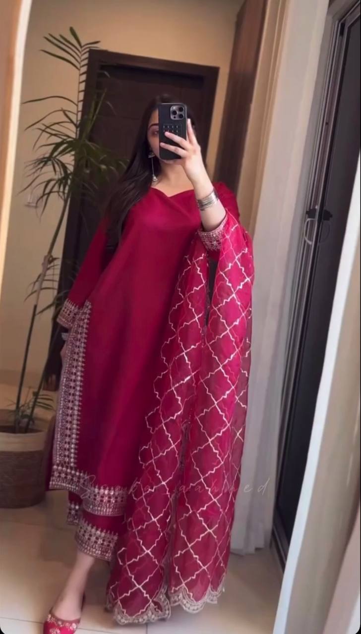 Meher Scarlet Shine Classic Handwork Suit