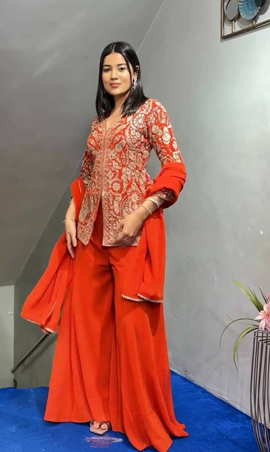 Falak Festive Faux Georgette Top Plazzo & Dupatta Set