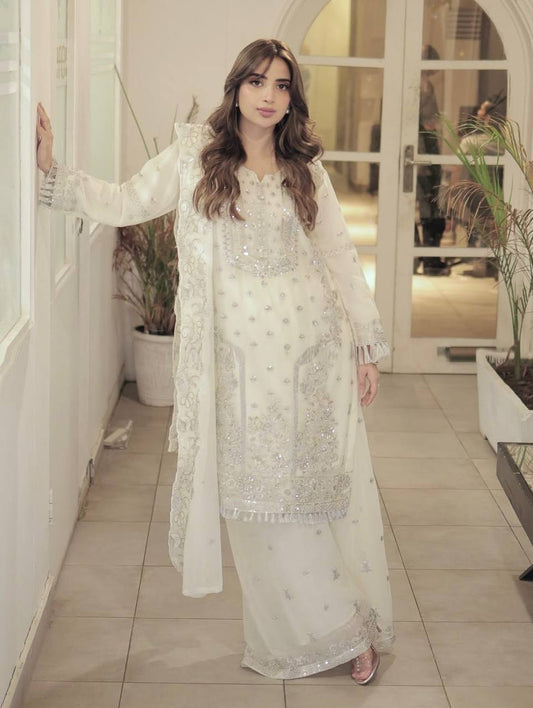 Ivory Mirror And  Sequin Embroidery White Plazo Set