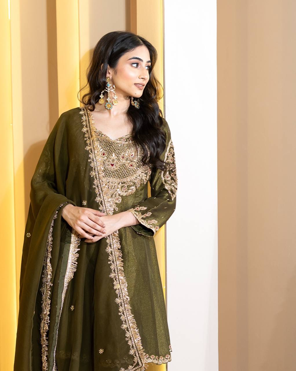 Raunak Olive Gold Embroidered Sharara Ensemble