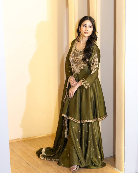 Raunak Olive Gold Embroidered Sharara Ensemble