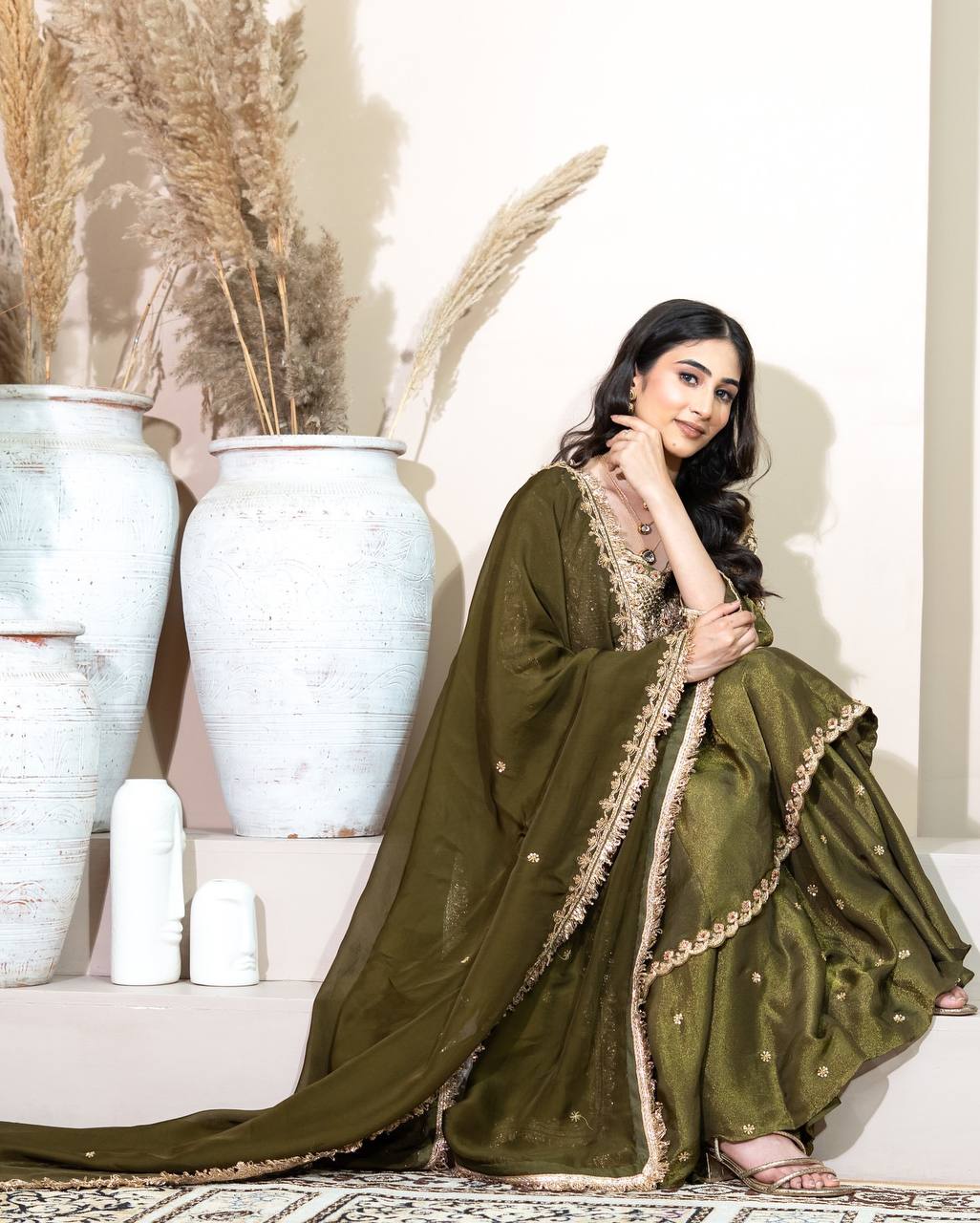Raunak Olive Gold Embroidered Sharara Ensemble