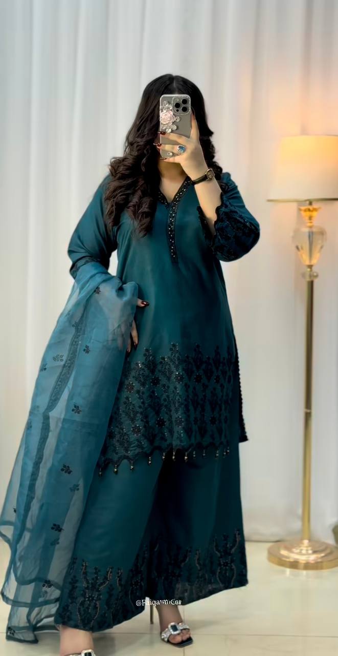 Teal Green Embroidered Kurta Plazo Set with Dupatta