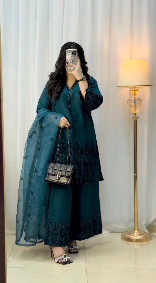 Teal Green Embroidered Kurta Plazo Set with Dupatta
